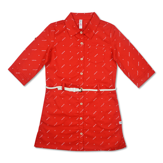 Red 3/4 Sleeves Twill Dress With White Mini Braided Belt- (GTDS-3045 A)