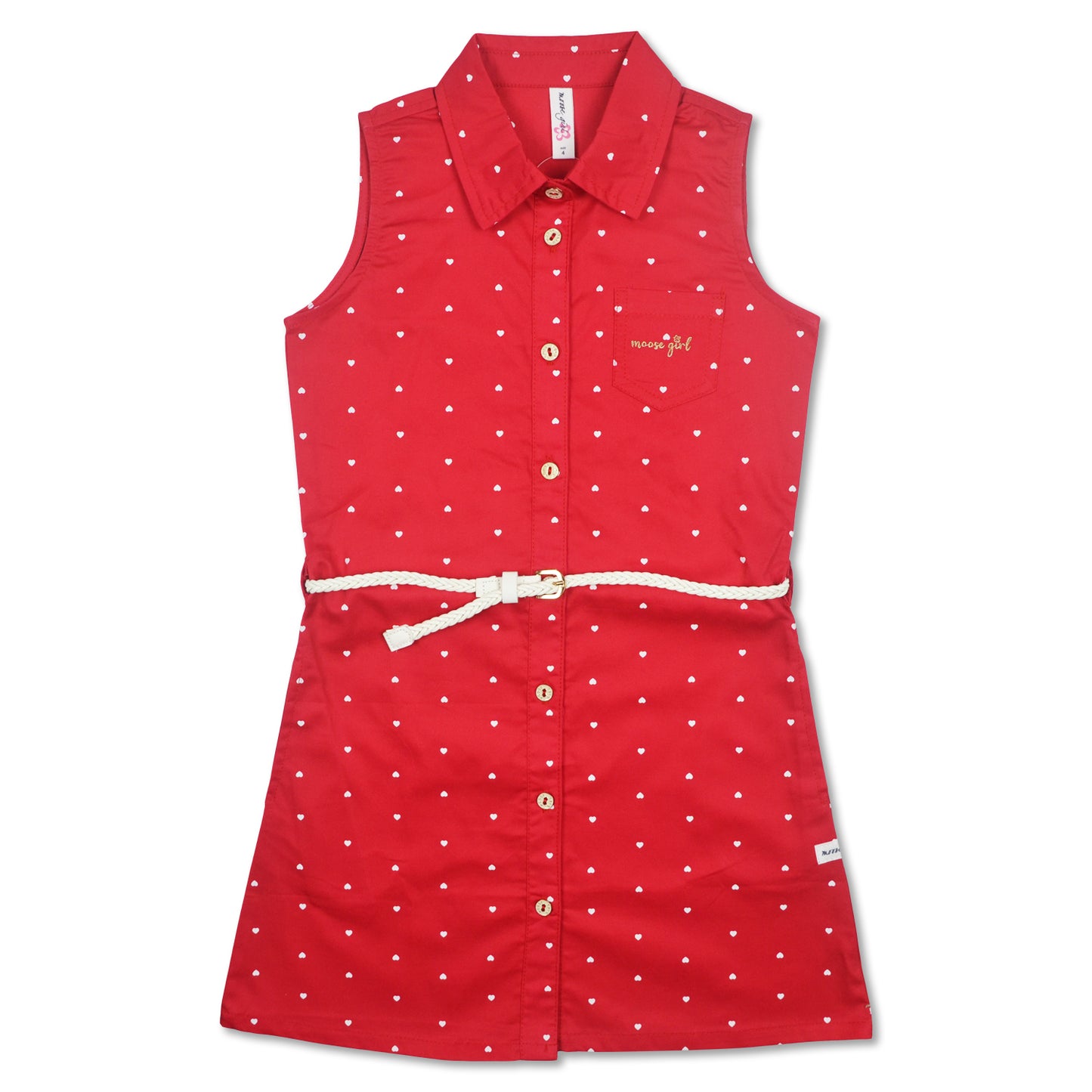 Red Sleeveless Twill Dress With Mini White Braided Belt- (GTDS-3330 B)