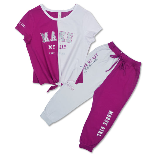 Red Violet & White Mid Crop Blouse With Jogger Pants Set (GJGS- 2560)