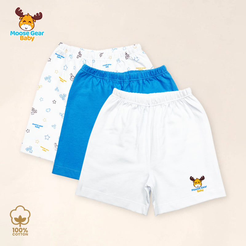 Blue & White 3 Pcs Diaper Shorts Set (MGB0025)